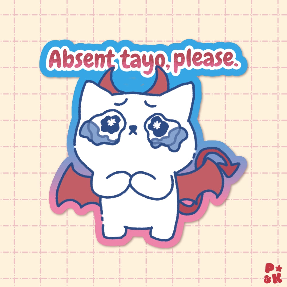 A cute cartoon sticker-style graphic of a white cat with red horns and wings, crying with tears that say 'Absent tayo, please.' on a pale pink grid background.