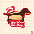 A die-cut sticker featuring a cartoon dachshund wearing a hotdog bun, with the text 'Ha? Hatdog' in red and white bubble letters, shown on a pale pink grid background.