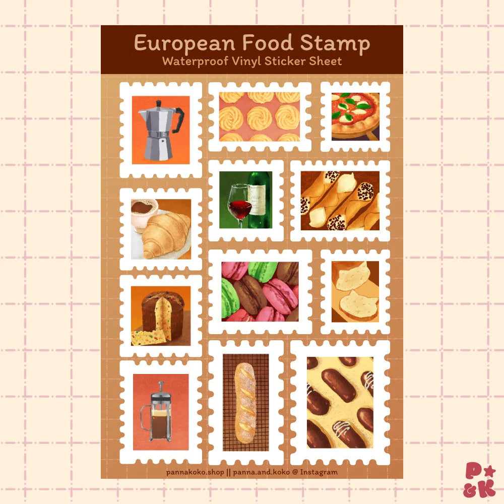 A sheet of European food-themed vinyl stickers with 12 die-cut stamps featuring illustrations of bread, pastries, coffee, and desserts on a beige grid background.