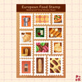 A sheet of European food-themed vinyl stickers with 12 die-cut stamps featuring illustrations of bread, pastries, coffee, and desserts on a beige grid background.