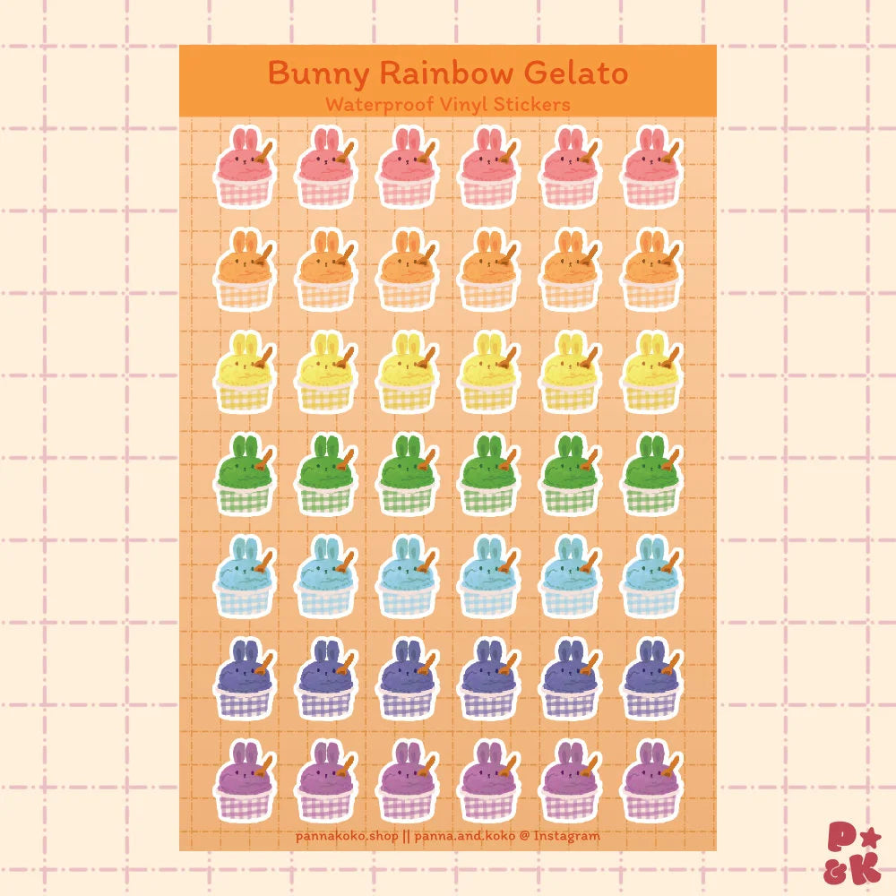 A sheet of bunny-themed gelato stickers on a peach grid background. The stickers feature bunnies in pastel rainbow colors served in gelato in gingham patterned paper cups with the header reading 'Bunny Rainbow Gelato' and 'Waterproof Vinyl Stickers.