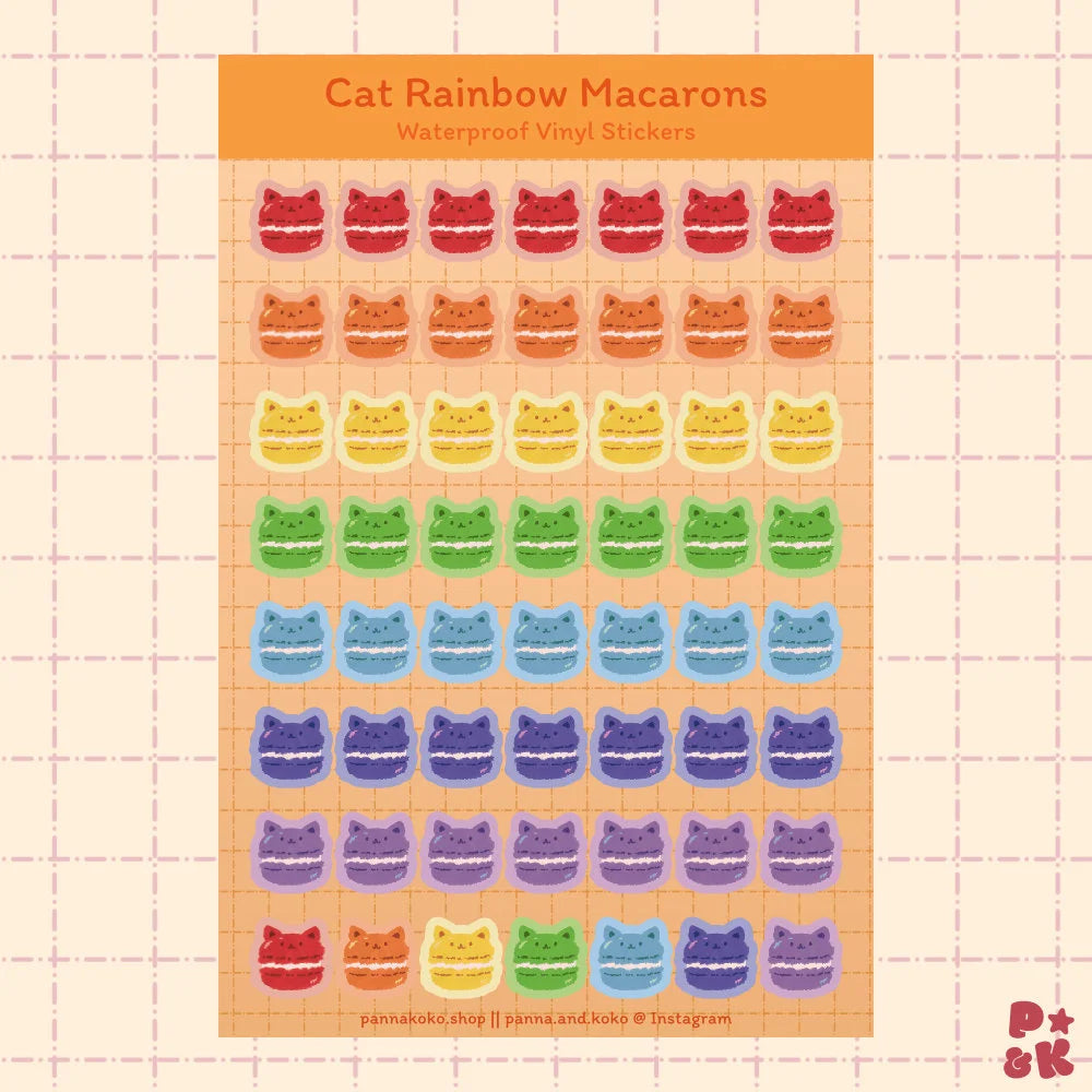 A sheet of Cat Rainbow Macarons waterproof vinyl stickers by Panna and Koko, featuring rows of small cat head macarons in red, orange, yellow, green, blue, purple, and pink on an orange background.