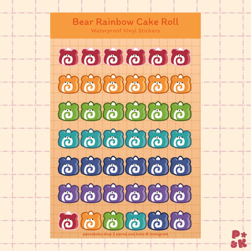 A sheet of waterproof vinyl stickers featuring cute bear-shaped cake rolls in a rainbow color palette, arranged in a grid on a light pink grid background.